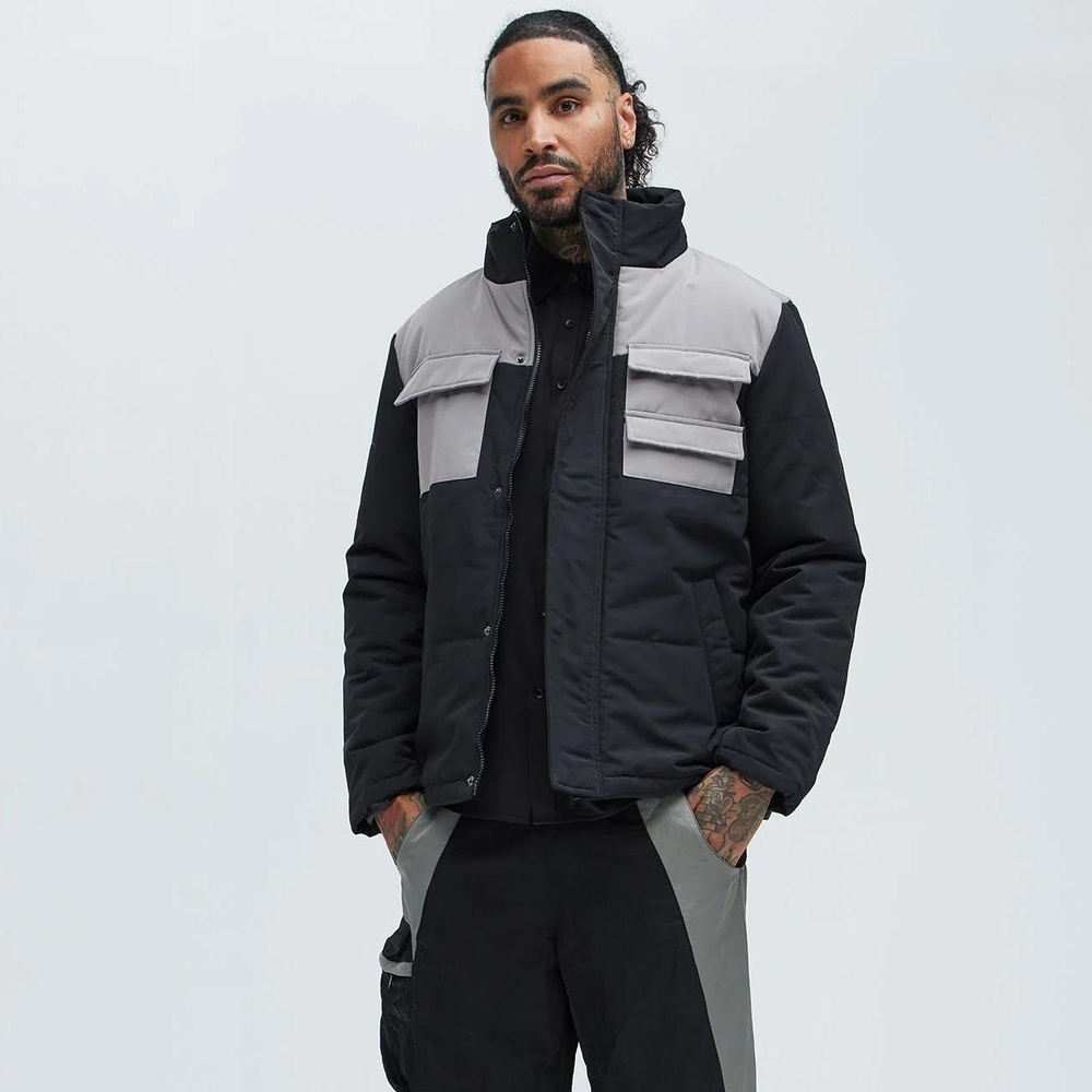 NWT American Stitch Black Gray Color Block Button Puffer Jacket Size Small